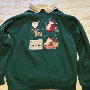 Green Christmas Santa Appliqué Sweater with Contrast Collar